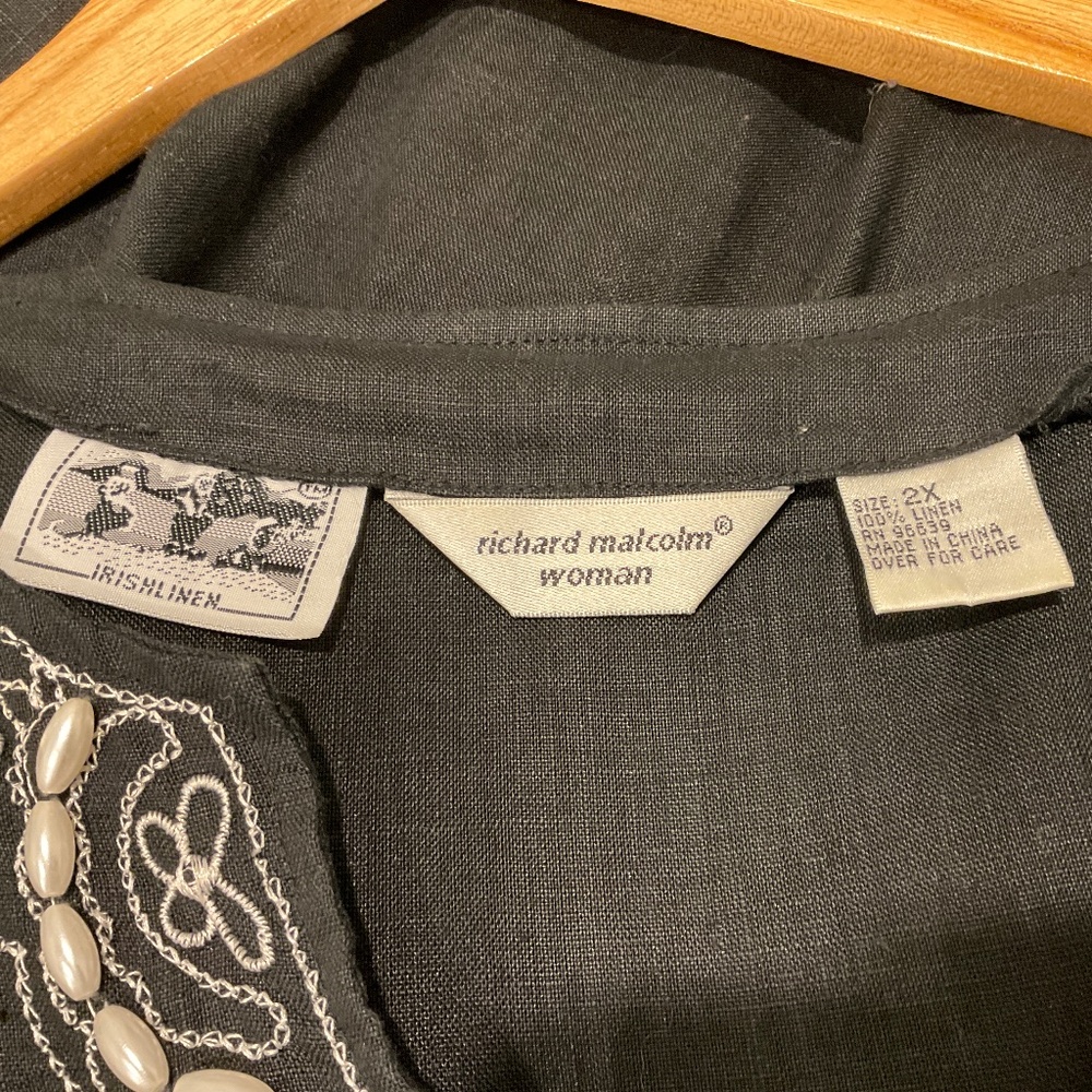 Richard Malcom Irish Linen Black Embellished Top 100% Linen Size 2X - Picture 10 of 11